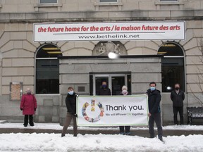 Representing Ontario Power Generation at the donation announcement outside the future arts & culture centre of Cornwall are Nancy England (left, project site manager at R.H. Saunders Generating Station) and Scott Gagnon (work centre manager). In back, from left, representing the arts & culture centre, are Katie Burke, Brian Lynch, Elaine MacDonald, and Jamie Fawthrop. Photo on Tuesday, January 5, 2021,  in Cornwall, Ont. Todd Hambleton/Cornwall Standard-Freeholder/Postmedia Network