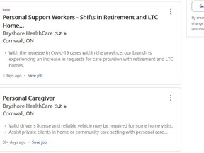 Job ads as seen on popular website Indeed.com on Jan. 19, 2020 for Cornwall. Ads for personal support workers were the most seen from October to the end of the year Jordan Haworth/Cornwall Standard-Freeholder/Postmedia Network