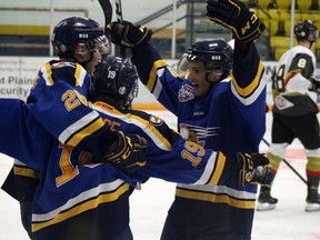 The Fort McMurray Oil Barons celebrate a goal against the Bonnyville Pontiacs at the Centerfire Place on Friday, October 16, 2020. Laura Beamish/Fort McMurray Today/Postmedia Network ORG XMIT: POS2010191916583989