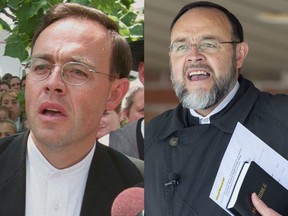 LEFT: Rev. Henry Hildebrandt of the Aylmer Church of God Restoration reads a statement outside court in St. Thomas in July 2001. RIGHT: Hildebrandt delivers a sermon during a drive-in service at the church on May 10, 2020. (Files)