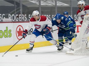 Vancouver Canucks forward Bo Horvat pursues Montreal Canadiens centre Jake Evans during the first period at Rogers Arena on Jan. 21, 2021, in Vancouver.