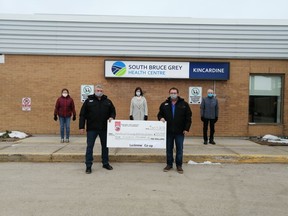 The Lucknow Co-op recently donated $100,000 to the Kincardine and Community Health Care Foundation. They made the same donation to the Wingham Hospital. Back row: Leanne Guppy, Becky Fair - President and Merle Whitwell (Foundation Directors). Front Row Martyn VanMeeteren and Allan Scott. Hannah MacLeod/Kincardine News