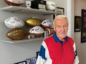 Legendary football coach Marv Levy, 95, in his Chicago condo with some keepsakes in the background in August 2020.