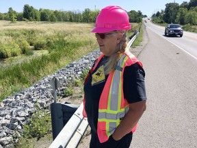 Mabyn Armstrong of Turtles Kingston stands along Highway 2 at Collins Creek on Aug. 20.