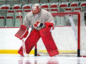 Former Kingston resident Genevieve Lacasse works out in the net during a Canadian national women's hockey team tryout camp in Calgary on Friday, Jan. 22, in preparation for the IIHF Women's World Championship in Halifax and Truro, N.S., April 7-17.