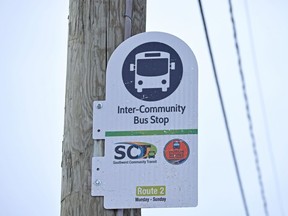 The new Huron Shores Area Transit bus system includes a stop in Lucan in front of the Lucan Community Memorial Centre.