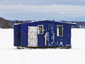 An ice hut is seen near the shore of Lake Nipissing by Sunset Park, New Year's Day, 2020. Michael Lee/The Nugget