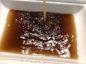 This photo of manganese-tainted water was posted to the Verner Let's Talk Facebook group page by Joceyln Dauphinais Desbiens Jan. 2. A rare winter occurrence of manganese mineral effect was caused by sediment settling in the pipes and then breaking off for localized issues, but it highlighted a need for a long-term solution to be implemented instead of treating the water from the Veuve River with chemicals. Supplied Photo