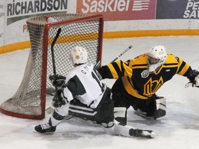 Ross Hawryluk performed very well in net for the Nipawin Hawks, so well he is now playing college hockey in the United States. Photo Susan McNeil.