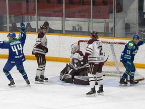The Melfort Mustangs started their season hosting the Flin Flon Bombers at Northern Lights Palace on Nov. 6, 2020. By Christmas, play stopped due to COVID restrictions. The province recently gave he SJHL $! million to help teams stay afloat. Photo Susan McNeil.
