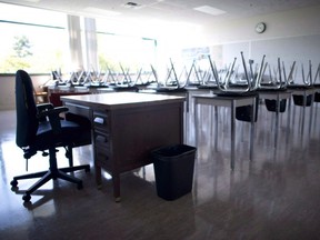 An empty school classroom.