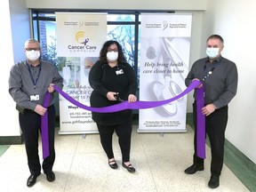 The Pembroke Regional Hospital Foundation has announced the launch of its $1.65 million Cancer Care Campaign. Cutting the ribbon to mark the official launch (from left) were Roger Martin, PRH Foundation executive director; Leigh Costello, PRH Foundation community fundraising specialist and Pierre Noel, PRH president and CEO.