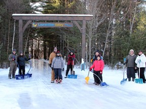 A group of volunteers were recently out at the Laurentian Valley Skating Trail working to prepare the trail for a planned opening of Jan. 24. The volunteers (from left) were Mark and Tracy Behm, Tim and Sue O'Meara, Blake Bramburger, Theresa and Brian Verch and Mindy Lorbetskie and Terry Lindenbach.