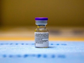 A vial of the Pfizer-BioNTech coronavirus disease (COVID-19) vaccine is seen at The Michener Institute, in Toronto, Canada January 4, 2021.