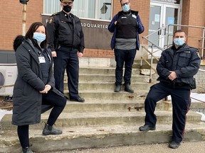 Jen Nixon, bottom left, has joined the Huron Perth Healthcare Alliance's mobile crisis rapid response team. Also pictured (clockwise) are Stratford Police Service Chief Greg Skinner, mobile crisis rapid response member MacGregor Austin-Olsen, and Stratford Police Service Const. Darren Fischer. (Cory Smith/The Beacon Herald)