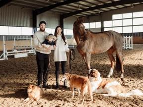 Jake and Courtney Muzzin have fostered roughly 20 dogs over the last 10 years. They live with three rescues -- Lilly, left, Lulu, middle, and Daryl, as well as their daughter Luna, and a 10-year-old warmblood mare named Izzy. (Supplied photo)