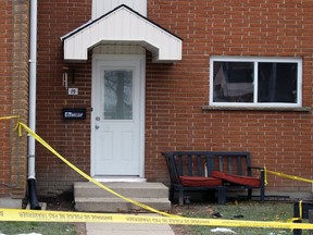 The property around unit 19 at 914 Confederation St. was closed as police investigate a homicide on Sunday January 10, 2021 in Sarnia, Ont. Terry Bridge/Sarnia Observer/Postmedia Network