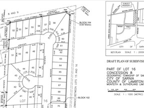 Pictured is part of a draft plan of subdivision for 95 new single-detached homes just west of Modeland Road, recently approved to move to the next stage by Sarnia City Council. Council also approved moving forward on a plan for 37 multiple-attached condominium dwelling lots in the same area. (via City of Sarnia)