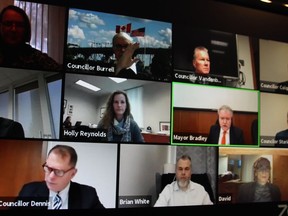Members of Sarnia city council are pictured with CAO Chris Carter and treasurer Holly Reynolds in a virtual meeting in December, 2020. Sarnia's clerk was recently asked to look for potential improvements to how attendance at meetings is recorded. (Tyler Kula/The Observer)