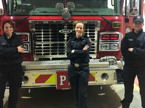 Fire fighter Mariah Williams, left, lieutenant Chantell Brown, centre and fire fighter Rebecca Raikles, made up the city's first all female pump crew with Spruce Grove Fire Services on Dec. 31, 2020. Submitted photo.