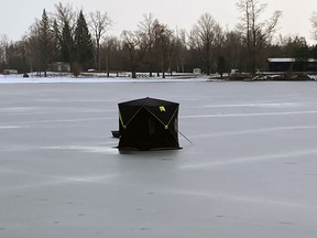 A lone fishing hut was spotted on the ice at the Waterford North Conservation Area on Wednesday afternoon. Photo REFORMER