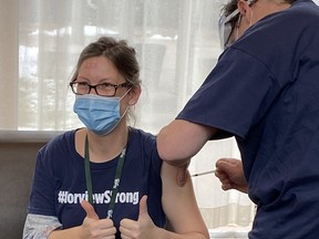 Norview Lodge nurse practitioner Lisa Deonarine was among those to receive a COVID-19 vaccination shot Wednesday. The first shipments of the vaccine were delivered to Norfolk General Hospital on Tuesday. CONTRIBUTED PHOTO