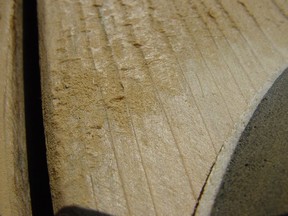 It's not unusual for a fuzzy surface to develop on pressure washed outdoor wood after it dries. Here the edge of a sander is shown next to an area that's been sanded to remove the fuzz. Steve Maxwell