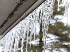 Icicles hang from a building at Delki Dozzi Sports Complex in Sudbury on Monday.