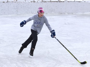 Presley Brennan, 10, works on her skating and hockey skills at a rink at the Delki Dozzi Sports Complex in Sudbury, Ont. on Monday January 4, 2021. John Lappa/Sudbury Star/Postmedia Network