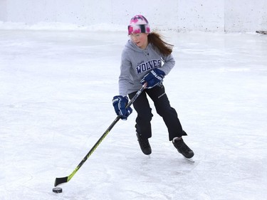 Presley Brennan, 10, works on her skating and hockey skills at a rink at the Delki Dozzi Sports Complex in Sudbury, Ont. on Monday January 4, 2021. John Lappa/Sudbury Star/Postmedia Network