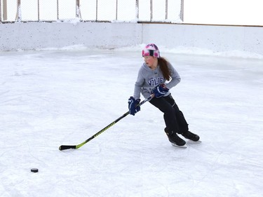 Presley Brennan, 10, works on her skating and hockey skills at a rink at the Delki Dozzi Sports Complex in Sudbury, Ont. on Monday January 4, 2021. John Lappa/Sudbury Star/Postmedia Network