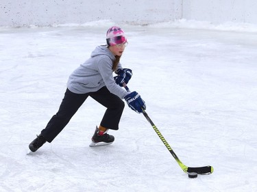 Presley Brennan, 10, works on her skating and hockey skills at a rink at the Delki Dozzi Sports Complex in Sudbury, Ont. on Monday January 4, 2021. John Lappa/Sudbury Star/Postmedia Network