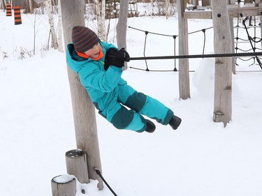 Seth Barker, 5, plays at one of the playgrounds at Kivi Park in Sudbury, Ont. on Tuesday January 5, 2021.