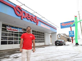 Adarsh Neelam, manager of Speedy Auto Service on the Kingsway in Sudbury, Ont., stands outside the business on Wednesday January 6, 2021. The business reopened on Jan. 4, 2021, after closing in January 2020.