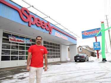 Adarsh Neelam, manager of Speedy Auto Service on the Kingsway in Sudbury, Ont., stands outside the business on Wednesday January 6, 2021. The business reopened on Jan. 4, 2021, after closing in January 2020. John Lappa/Sudbury Star/Postmedia Network