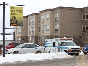 An ambulance leaves Amberwood Suites on Regent Street on Jan. 11. A fourth resident has now passed away from an outbreak of COVID-19 at the home.