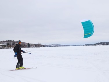 Ryan Mariotti kite skis on Ramsey Lake in Sudbury, Ont. on Monday January 11, 2021. John Lappa/Sudbury Star/Postmedia Network