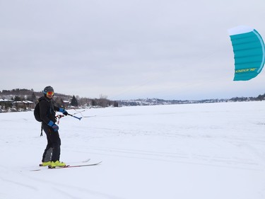 Ryan Mariotti kite skis on Ramsey Lake in Sudbury, Ont. on Monday January 11, 2021. John Lappa/Sudbury Star/Postmedia Network