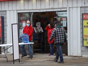 The Home Hardware in Lively, Ont. is offering curbside pick-up only because of the pandemic lockdown order in Ontario. All non-essential retail stores, including hardware stores, alcohol retailers, and those offering curbside pickup or delivery, must open no earlier than 7 a.m. and close no later than 8 p.m.