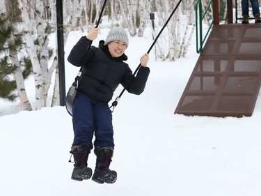 Irene Zhu enjoys a zip line ride at Kivi Park in Sudbury, Ont. on Thursday January 14, 2021. John Lappa/Sudbury Star/Postmedia Network