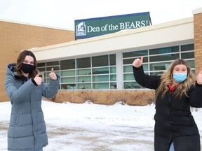 Student council co-presidents Charlotte Baggio, left, and and Sophie Reich, of St. Benedict Catholic Secondary School in Sudbury, Ont., are pumped for the school's 28 Day Bears Stay Strong Order! Principal Laura Kuzenko wanted to lift the spirits of students and staff during the province-wide lockdown order by holding different themed days at the school.