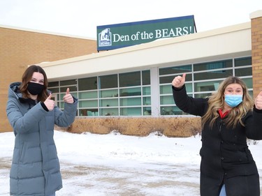 Student council co-presidents Charlotte Baggio, left, and and Sophie Reich, of St. Benedict Catholic Secondary School in Sudbury, Ont., are pumped for the school's 28 Day Bears Stay Strong Order! Principal Laura Kuzenko wanted to lift the spirits of students and staff during the province-wide lockdown order by holding different themed days at the school. John Lappa/Sudbury Star/Postmedia Network