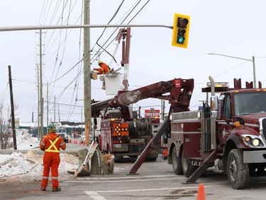 A hydro crew was called in to replace a hydro pole at Webbwood Drive and Lorne Street in Sudbury, Ont. on Friday January 29, 2021. The pole was damaged as a result of a motor vehicle collision. About 460 hydro customers were without power for about 11 hours.