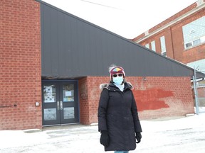 Board chair Stephanie Doveton, of Sudbury Indie Cinema, stands outside the cinema on Mackenzie Street in Sudbury, Ont. on Friday January 29, 2021., where custom signage will hopefully be erected above the entranceway.  Sudbury Indie Cinema is looking for the community's help with a fundraiser to raise money for the custom signage. The campaign has less than 10 days to go on Indiegogo and, to date, 60 per cent of the goal has been met