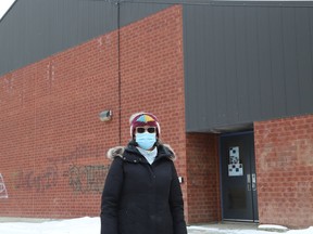 Board chair Stephanie Doveton, of Sudbury Indie Cinema, stands outside the cinema on Mackenzie Street in Sudbury, Ont. on Friday January 29, 2021., where custom signage will  be erected above the entranceway.