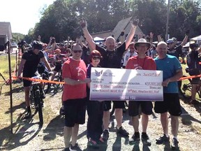 Ryan Lougheed (centre) is flanred by Anthony Keating, president & CDO of Foundations and Volunteer Groups at HSN; Bev Brisco, NCF board member; Rusty Hopper, Race director; and Andre Dumais, president of Ionic Mechatronics, at the 2019 Ionic Mountain Bike Tour at the Walden Walden Cross Country Trails. The event raised $39,000 towards Blue Light Cystoscopy technology at HSN. The technology was put into use for the first time in December. Supplied