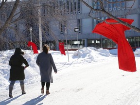 Red dresses were on display at the Laurentian University campus in Sudbury, Ont. on Thursday February 13, 2020. The garments are part of the Indigenous Student Affairs' annual Red Dress Campaign. The event is held to honour, remember, and raise awareness of missing and murdered Indigenous women and girls.