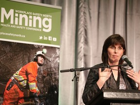 Janice Martell, project founder, speaks about the McIntyre Powder Project intake clinics at the Workplace Safety North Mining health and safety conference in Sudbury, Ont. on Wednesday April 19, 2017. Gino Donato