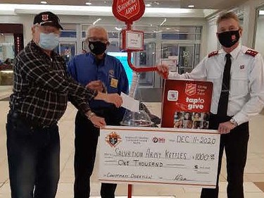 From the left are Tullio Squarzolo (Knights of Columbus), Herbert Niesing (K of C), Captain Jim VanderHeyden (Salvation Army). Using funds raised by participating and volunteering with Delta Gaming, the Knights of Columbus Council 6074 presented a check to the Salvation Army Kettle for $1,000. This year the need is greater than ever. The Food Bank is making a huge difference in the lives of families and seniors. Not having to worry about food gives a welcome relief from the stress of this pandemic. Supplied