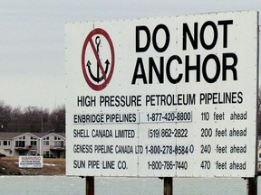 FilEnbridge Line 5 is an oil and natural gas pipeline that crosses under the St. Clair River from Michigan to Sarnia. (File photo/Postmedia Network)